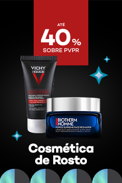 Cosm&eacute;tica Rosto Homem com destaque promocional de at&eacute; 40% sobre pre&ccedil;o de Venda ao P&uacute;blico Recomendado